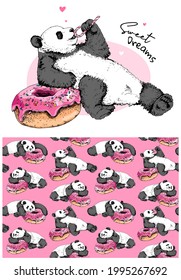 Collection of one print and one seamless pattern. Panda hugging and resting with a pink sweet donut. Funny pose. Humor textile composition, hand drawn style print. Vector illustration.
