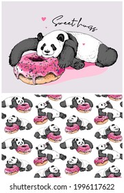 Collection of one print and one seamless pattern. Panda hugging and resting with a pink sweet donut. Funny pose. Humor textile composition, hand drawn style print. Vector illustration.