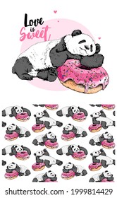 Collection of one print and one seamless pattern. Panda hugging and resting with a pink sweet donut. Funny pose. Humor textile composition, hand drawn style print. Vector illustration.
