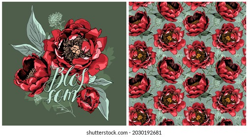 Collection of one print and one seamless pattern. Red Peony flowers and leaves. Textile composition, hand drawn style print. Vector illustration.