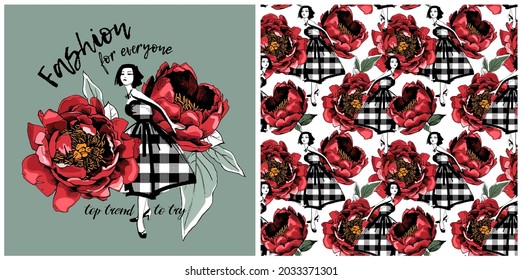 Collection of one print and one seamless pattern. Red Peony flowers, leaves and a fashionable girl in a plaid dress. Textile composition, hand drawn style print. Vector illustration.