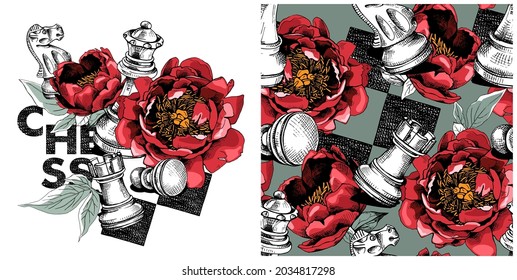 Collection of one print and one seamless pattern. Red Peony flowers, leaves and Chesss_Figures. Textile composition, hand drawn style print. Vector illustration.