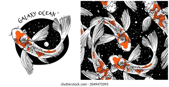 Collection of one print and one seamless pattern. Koi fishes on a space background. Textile composition, hand drawn style print. Vector illustration.