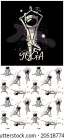 Collection of one print and one seamless pattern. Funny cartoon astronaut in a yoga poses in a space. Textile composition, hand drawn style print. Vector illustration.