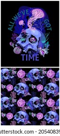 Collection of one print and one seamless pattern. Bright Psychedelic skulls. Underwater world. Jellyfishes, Corals and shells. Textile composition, hand drawn style print. Vector illustration.