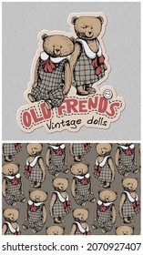 Colección de una impresión y un patrón sin fisuras. Toy Teddy lleva ropa de color rojo a cuadros con el arco. Composición textil de humor, impresión a mano. Ilustración vectorial.