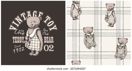 Collection of one print and one seamless pattern. Vintage Toy Teddy bear in checkred clothes with the bow. Humor textile composition, hand drawn style print. Vector illustration.