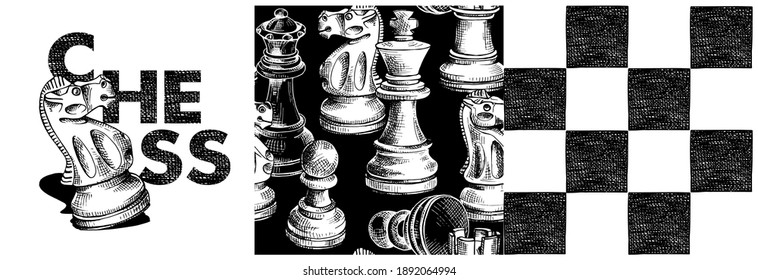 Collection of one print and two seamless patterns. Chess figures on a checkered background. Textile composition, hand drawn style print. Vector black and white illustration. 