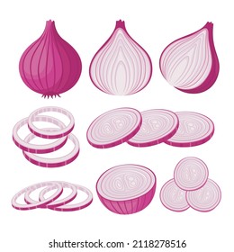 Collection of onion, whole onion, half onion and sliced onion