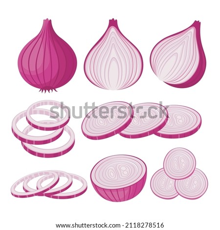 Collection of onion, whole onion, half onion and sliced onion