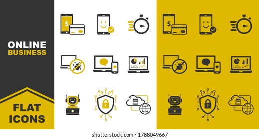 collection of online business flat icons. cashless payment, quick response, analytic data. Vector illustration. 