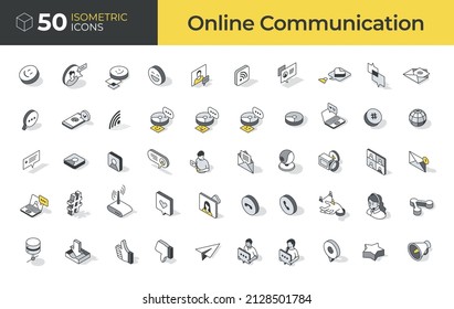 Collection of online communication isometric icons in outline style