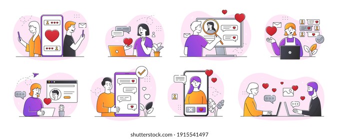 Collection of online dating abstract concepts. People using online dating apps. Set of minimal style flat cartoon vector illustrations isolated on white background