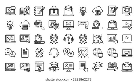 Collection of online education and learning icons representing digital technology and knowledge acquisition