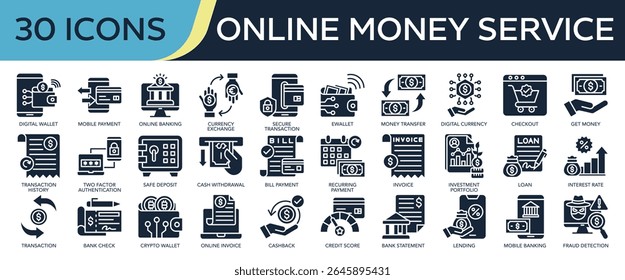 Coleção de ícones do Serviço de Dinheiro Online, relacionados à carteira digital, pagamento móvel, banco online, transferência de dinheiro, extrato bancário e muito mais. Ilustração de vetor de ícones de glifo.