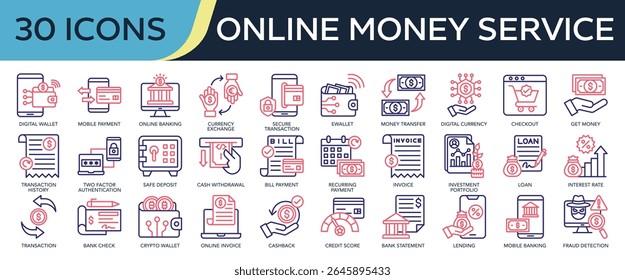 Coleção de ícones do Serviço de Dinheiro Online, relacionados à carteira digital, pagamento móvel, banco online, transferência de dinheiro, extrato bancário e muito mais. Ícones de cor de contorno ilustração de vetor.