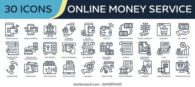 Coleção de ícones do Serviço de Dinheiro Online, relacionados à carteira digital, pagamento móvel, banco online, transferência de dinheiro, extrato bancário e muito mais. Ilustração vetorial dos ícones de contorno.