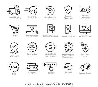 Collection of online secure order shopping support line icons, symbols, and templates for e-commerce business. Isolated on white background.