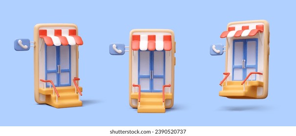 Collection with online shop stores in realistic 3D style on blue background. Concept of online order, fast delivery. Vector illustration in cartoon style