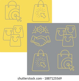 Collection of online shopping icons isolated on a contrasting background. Yellow and gray  shopping  app bag vector outline icons set 
