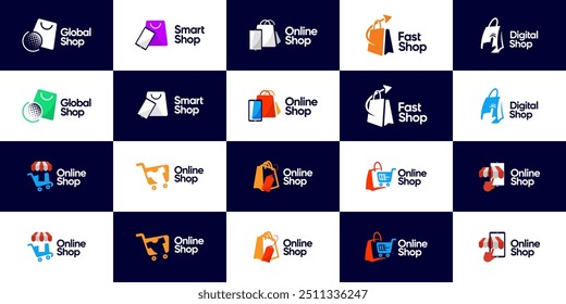 collection of online shopping logos, digital shop, smart, fast and easy, vector design illustration.
