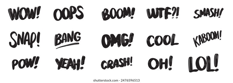 Collection of Onomatopoeia and exclamation theme text lettering. Hand drawn vector art.