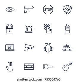 Collection Of Open, Alarm, Lock And Other Elements.  Set Of 16 Security Outline Icons Set. 