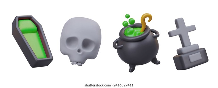 Collection with open black-green coffins, and graves with cross monuments, human skull, and black vat with potion in cartoon style. Vector illustration in 3d style with white background