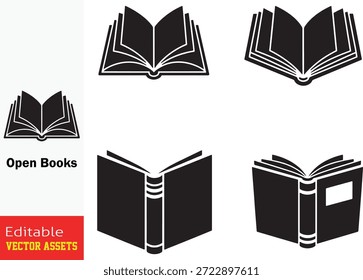 Collection of Open Book Icons Representing Knowledge Study Learning and Education in a Simple Graphic Aesthetic Vector Illustration

This professional collection features five distinct black silhouette icons of open books, meticulously designed to represent themes of knowledge, learning, and literature. Each icon showcases a unique perspective, from detailed renderings of fanned-out pages and curved spines to minimalist, stylized interpretations focusing on the book's bound structure. The set includes various angles, such as top-down views of spread pages and angled perspectives with placeholder areas for text or images. Isolated on a white background, these clean vector graphics are ideal for educational platforms, library branding, e-learning applications, and publishing-related designs. As high-quality editable vector assets, they offer designers a versatile and universally recognized symbol for information and academia, ensuring easy integration into both digital and print media.

Key Features include
Multiple Perspectives Includes diverse views of open books, showing varying page thickness and spine details to suit different design needs.

Minimalist Silhouette Style The solid black graphic aesthetic ensures high contrast and clarity, perfect for logos, icons, and UI design.

Education and Literature Focused Specifically crafted for projects related to schools, universities, bookstores, and digital libraries.

Professional Quality Provided as fully scalable and editable vector files, allowing for effortless customization of size and shape while maintaining sharp edges.