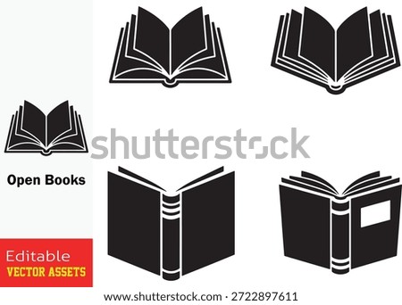 Collection of Open Book Icons Representing Knowledge Study Learning and Education in a Simple Graphic Aesthetic Vector Illustration

This professional collection features five distinct black silhouette icons of open books, meticulously designed to represent themes of knowledge, learning, and literature. Each icon showcases a unique perspective, from detailed renderings of fanned-out pages and curved spines to minimalist, stylized interpretations focusing on the book's bound structure. The set includes various angles, such as top-down views of spread pages and angled perspectives with placeholder areas for text or images. Isolated on a white background, these clean vector graphics are ideal for educational platforms, library branding, e-learning applications, and publishing-related designs. As high-quality editable vector assets, they offer designers a versatile and universally recognized symbol for information and academia, ensuring easy integration into both digital and print media.

Key Features include
Multiple Perspectives Includes diverse views of open books, showing varying page thickness and spine details to suit different design needs.

Minimalist Silhouette Style The solid black graphic aesthetic ensures high contrast and clarity, perfect for logos, icons, and UI design.

Education and Literature Focused Specifically crafted for projects related to schools, universities, bookstores, and digital libraries.

Professional Quality Provided as fully scalable and editable vector files, allowing for effortless customization of size and shape while maintaining sharp edges.