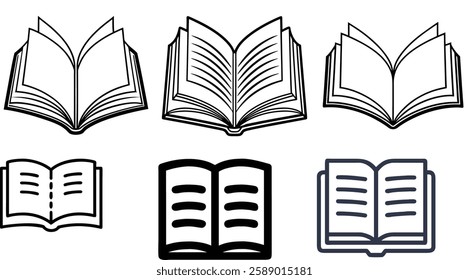 A collection of open book icons in vector format, ideal for education, reading, libraries, publishing, and learning materials. Perfect for apps, websites, branding, and digital media.