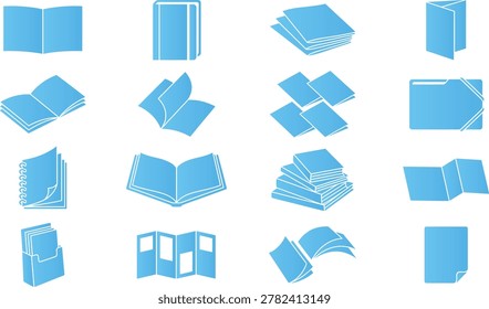 Collection of open books, closed books, stacks of papers, brochures, and file folders.