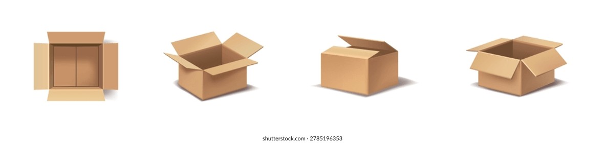 Collection of open cardboard boxes in various perspectives and states of assembly