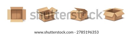 Collection of open cardboard boxes in various perspectives and states of assembly