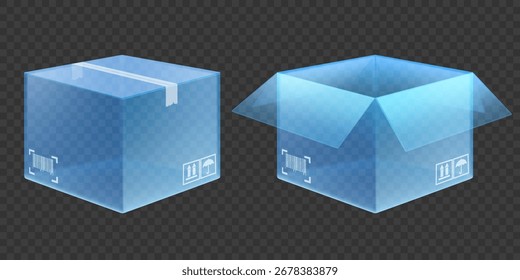 Collection of open and closed glass boxes. Template isolated on transparent background. vector mockup