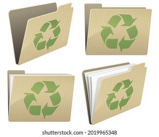 Collection of open and closed kraft paper folder with three arrows symbol of recycling
