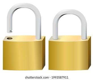 collection of open and closed padlocks isolated on a white background