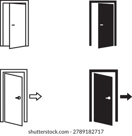 Collection of open door icons featuring both outline and solid black designs, including variations with directional arrows