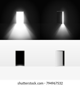 Collection of open doors in a dark room with light going through it.