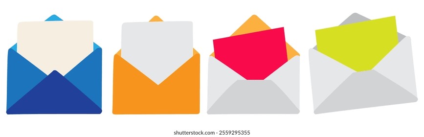 Collection of open envelopes with letters. Flat design. Isolated icons. Hand drawn illustrations on white background.