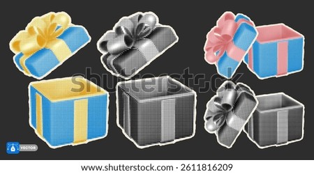 Collection of open gift boxes with halftone effects for collage in retro pop art style. A set of monochrome open gift box, hand cut from a newspaper or magazine. Vector illustration