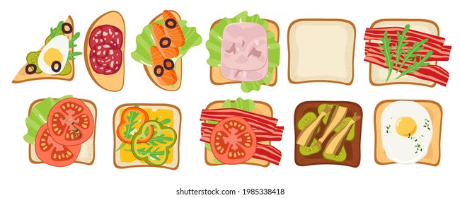 Collection of open sandwiches. Snack. Overhead view of isolated toasts vector flat. Toasts and sandwiches with different ingredients For menu, cafe, restaurant, poster, banner, emblem, sticker