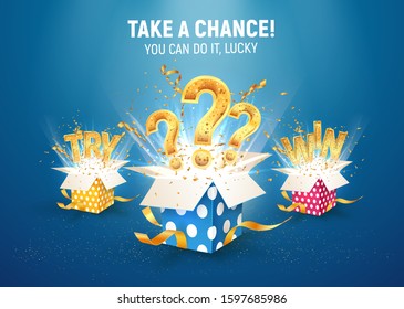 Collection of open textured gift boxes with question signs, try and win word. Vector giftboxes for gambling or leisure games. Isolated 3d objects 