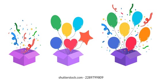 Collection of opened boxes with a bright multicolored balloons and confetti. Vector illustration on a white background