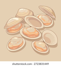 Uma coleção de amêijoas abertas e fechadas dispostas em pequenas placas brancas, apresentadas em uma ilustração limpa e estilizada.
