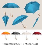 Collection of opened, folded, top view vector blue umbrellas 