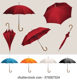 Collection of opened, folded, top view vector red umbrellas 