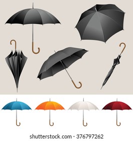 Collection of opened, folded, top view vector black umbrellas 