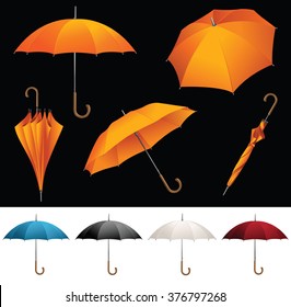 Collection of opened, folded, top view vector orange umbrellas