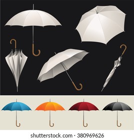 Collection of opened, folded, top view vector umbrellas 